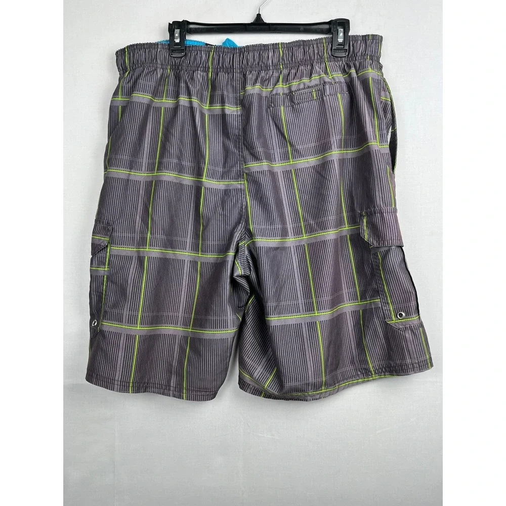 Canyon Creek Mens Board Shorts XXL Gray Lime Green Plaid Cargo Swim Trunks